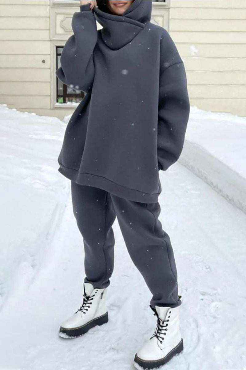 Kaynafashions - Casual Solid Pocket Hooded Collar Long Sleeve Two Pieces