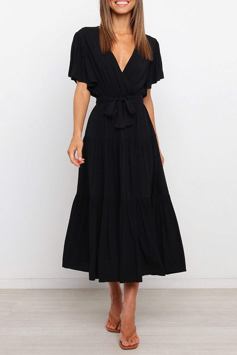 Kaynafashions - Casual Solid Patchwork V Neck Cake Skirt Dresses