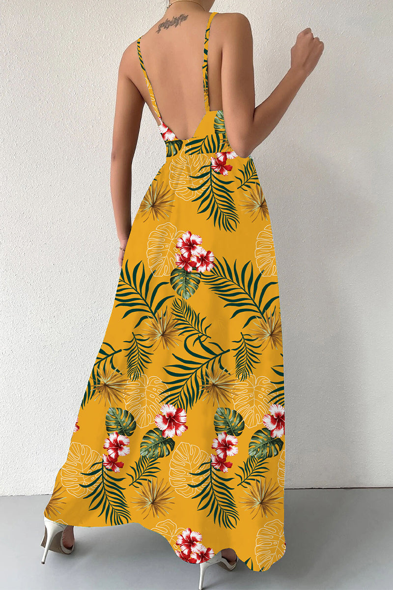 Kaynafashions - Elegant Floral Draw String V Neck Sling Dress Dresses(6 Colors)