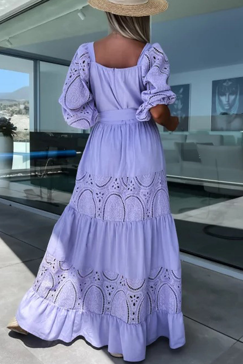 Kaynafashions - Sweet Elegant Solid Lace Hollowed Out Frenulum Square Collar Princess Dresses