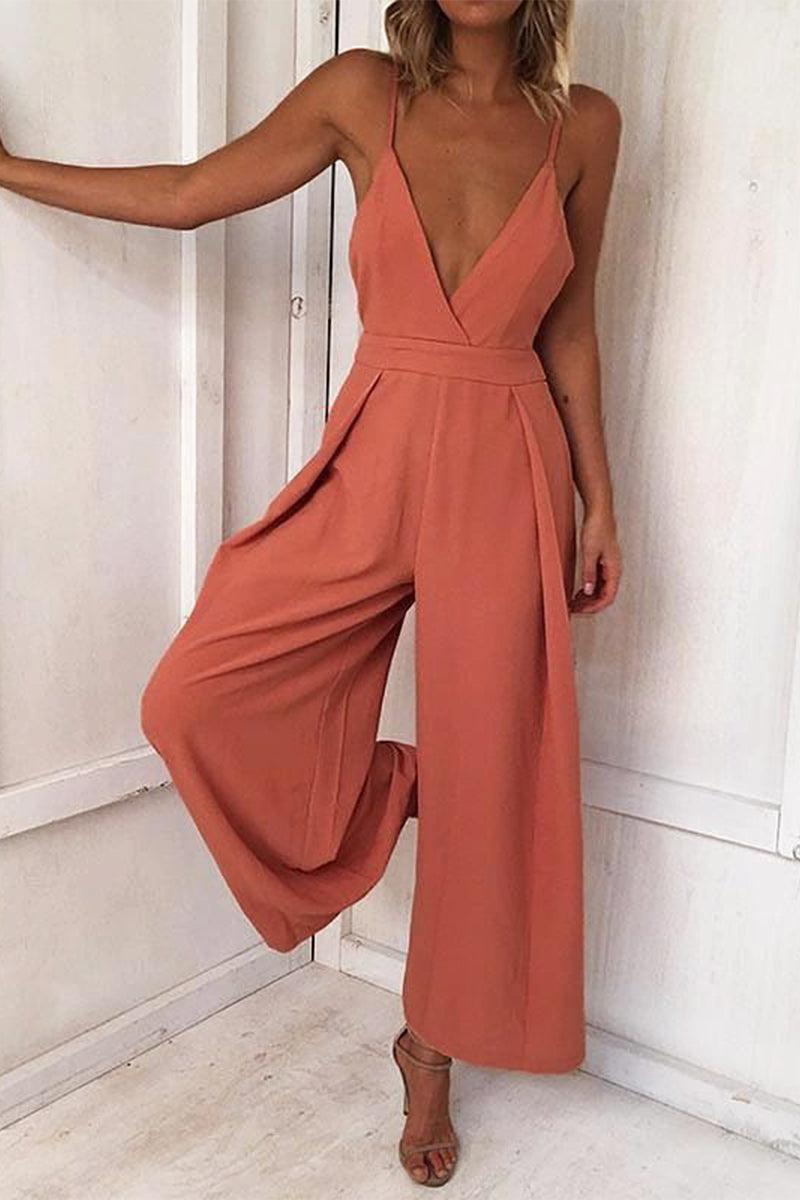 Kaynafashions - Sexy Solid Frenulum Backless V Neck Loose Jumpsuits