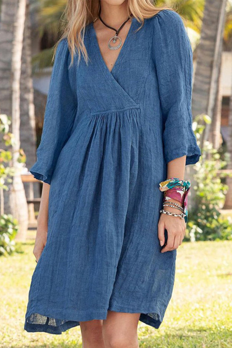 Kaynafashions - Casual Simplicity Solid Fold V Neck T-shirt Dress Dresses(3 Colors)