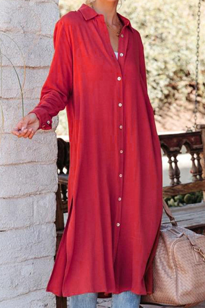 Kaynafashions - Casual Solid Buckle Turndown Collar Shirt Dress Dresses