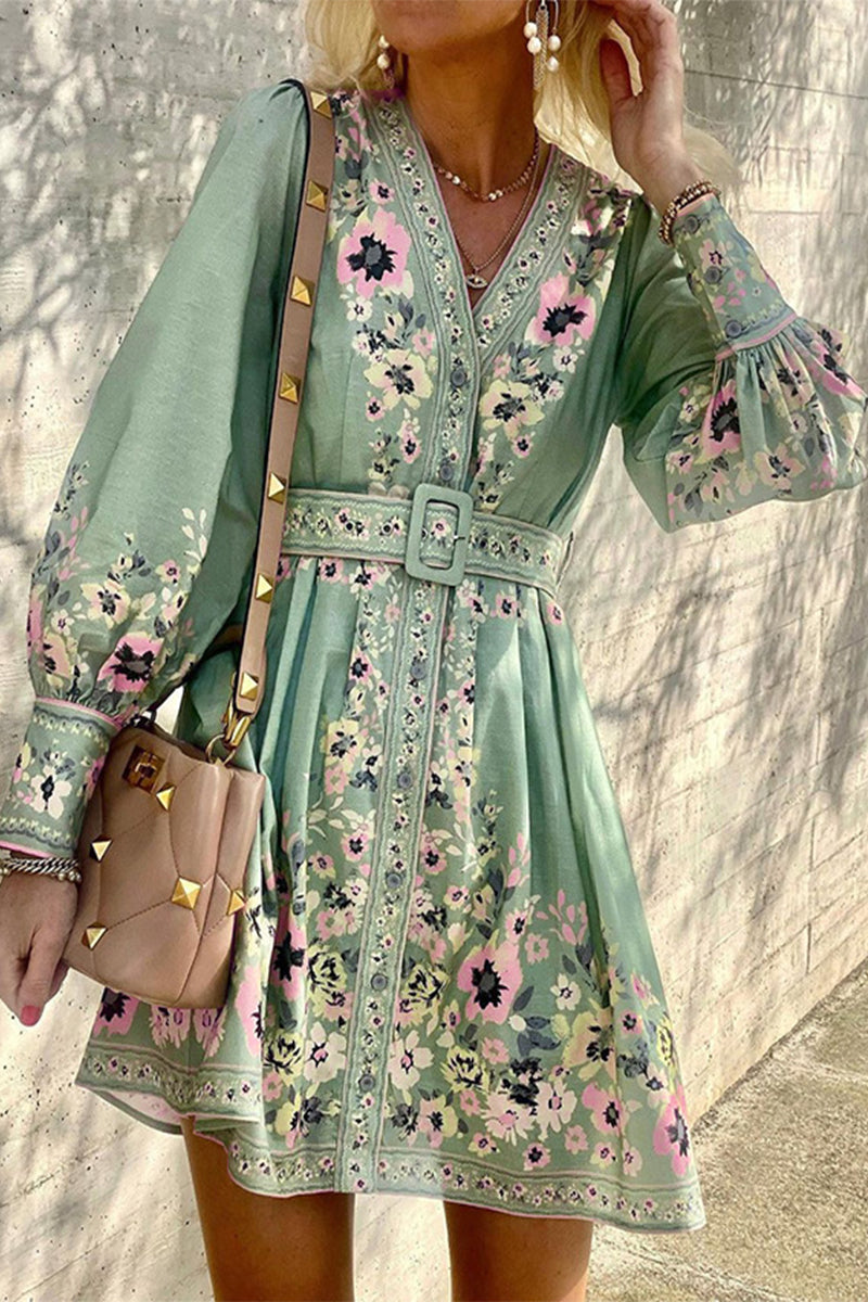 Kaynafashions - Bohemian Elegant Print Printing V Neck A Line Dresses(3 Colors)