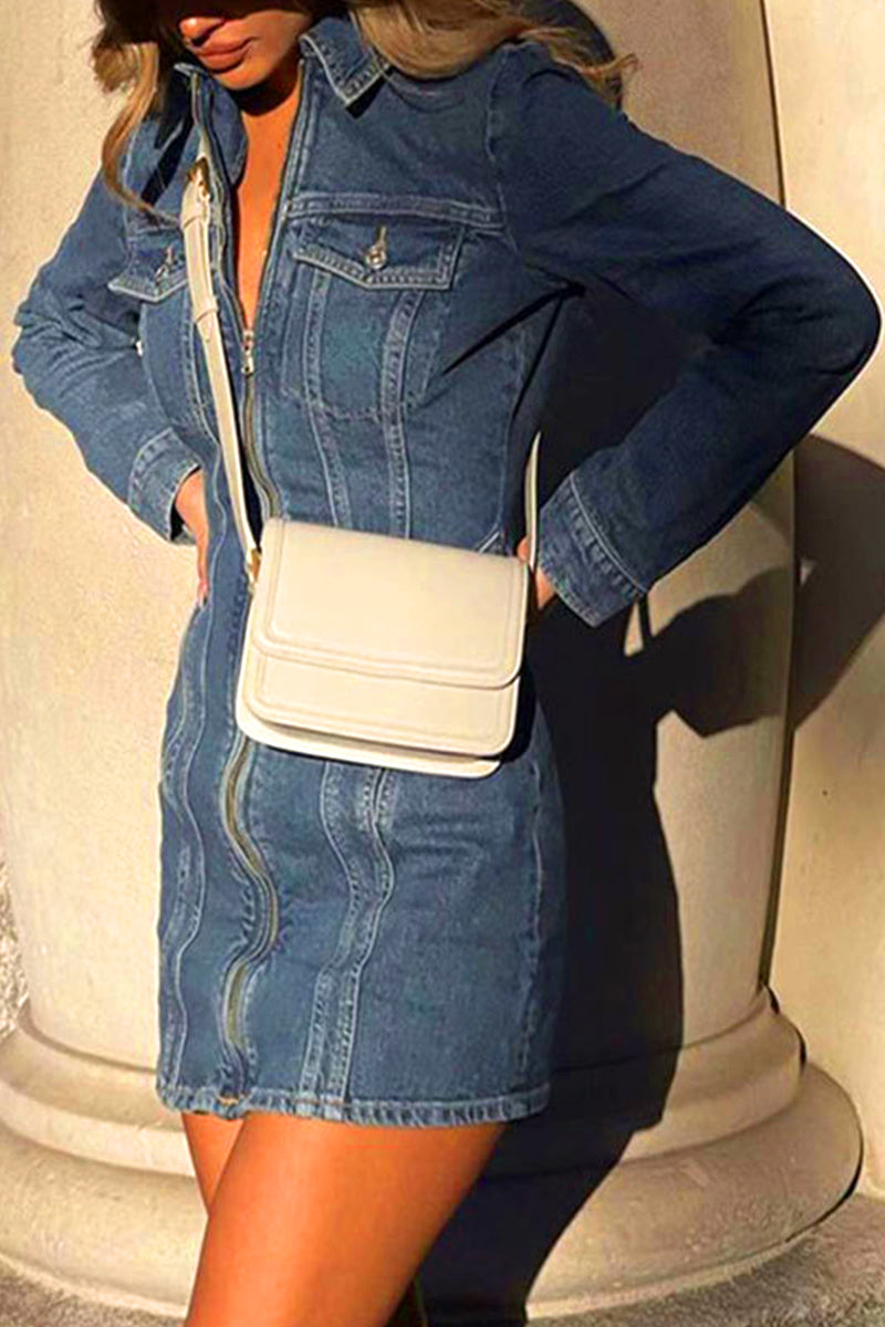 Kaynafashions - Casual Street Solid Zipper Turndown Collar Long Sleeve Regular Denim Dresses