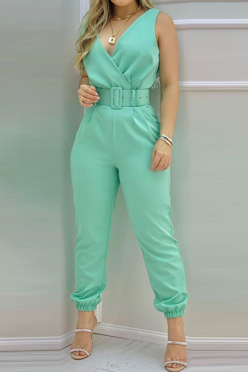 Kaynafashions - Sexy Casual Solid Backless With Belt V Neck Regular Jumpsuits
