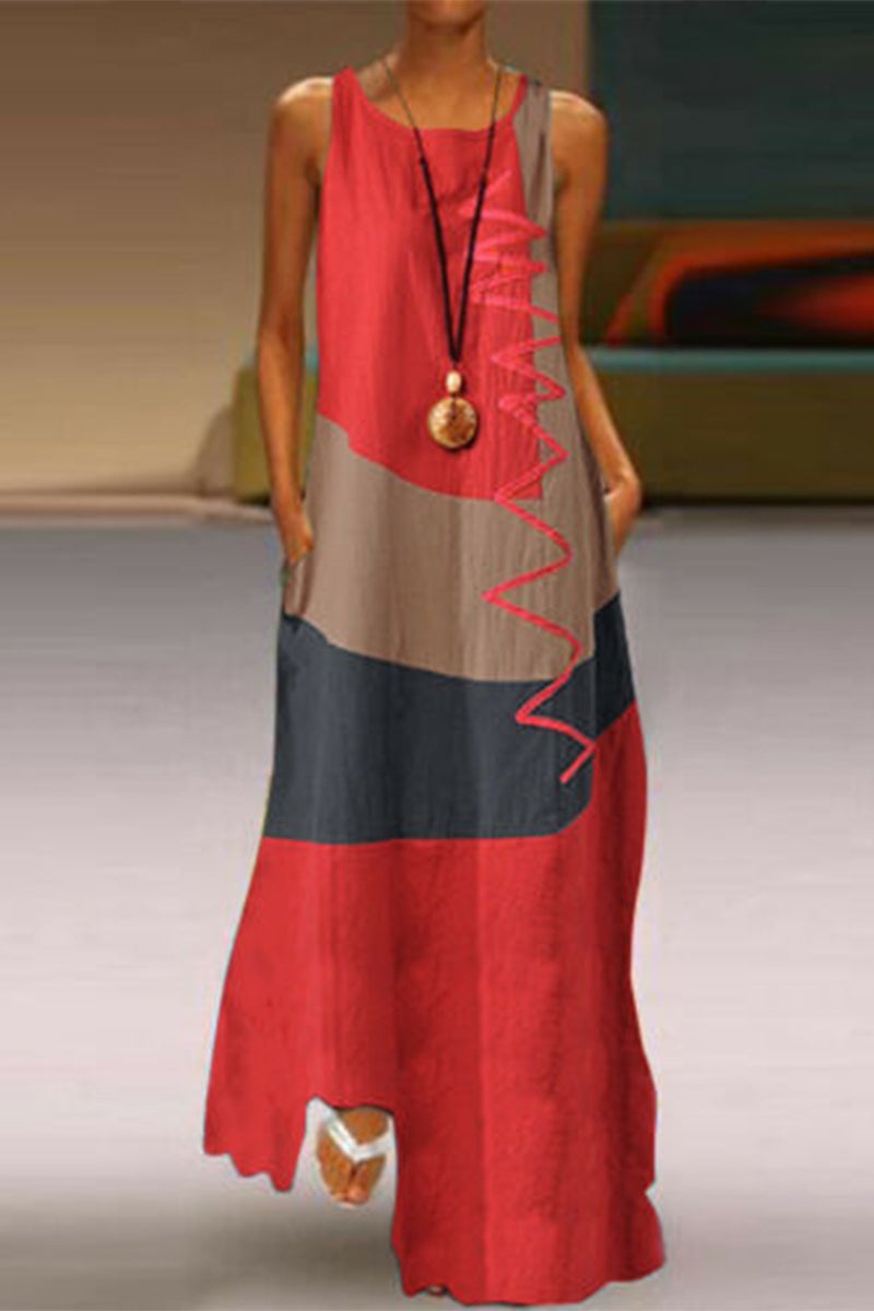 Kaynafashions - Casual College Color Block Contrast O Neck Sleeveless Dress Dresses