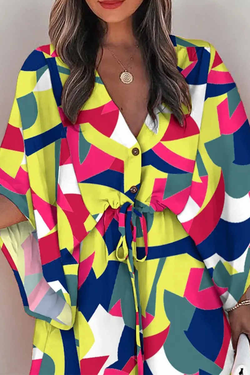 Kaynafashions - Casual Print Patchwork V Neck Waist Skirt Dresses(8 colors)