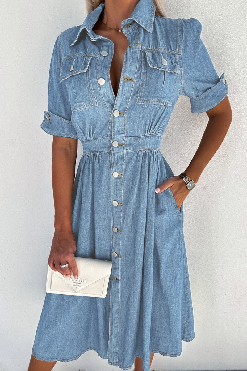 Kaynafashions - Casual Solid Patchwork Turndown Collar Short Sleeve High Waist Regular Denim Dresses