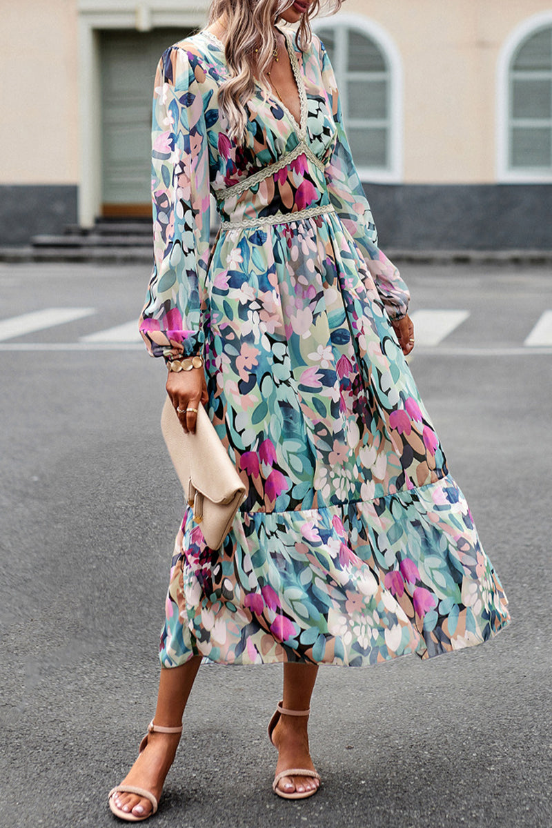 Kaynafashions - Elegant Geometric Printing V Neck A Line Dresses