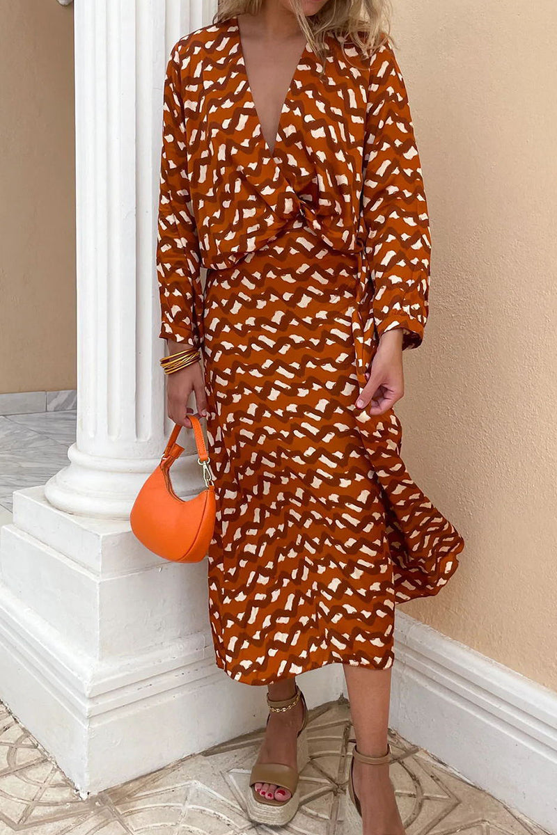 Kaynafashions - Elegant Print Printing V Neck Long Sleeve Two Pieces