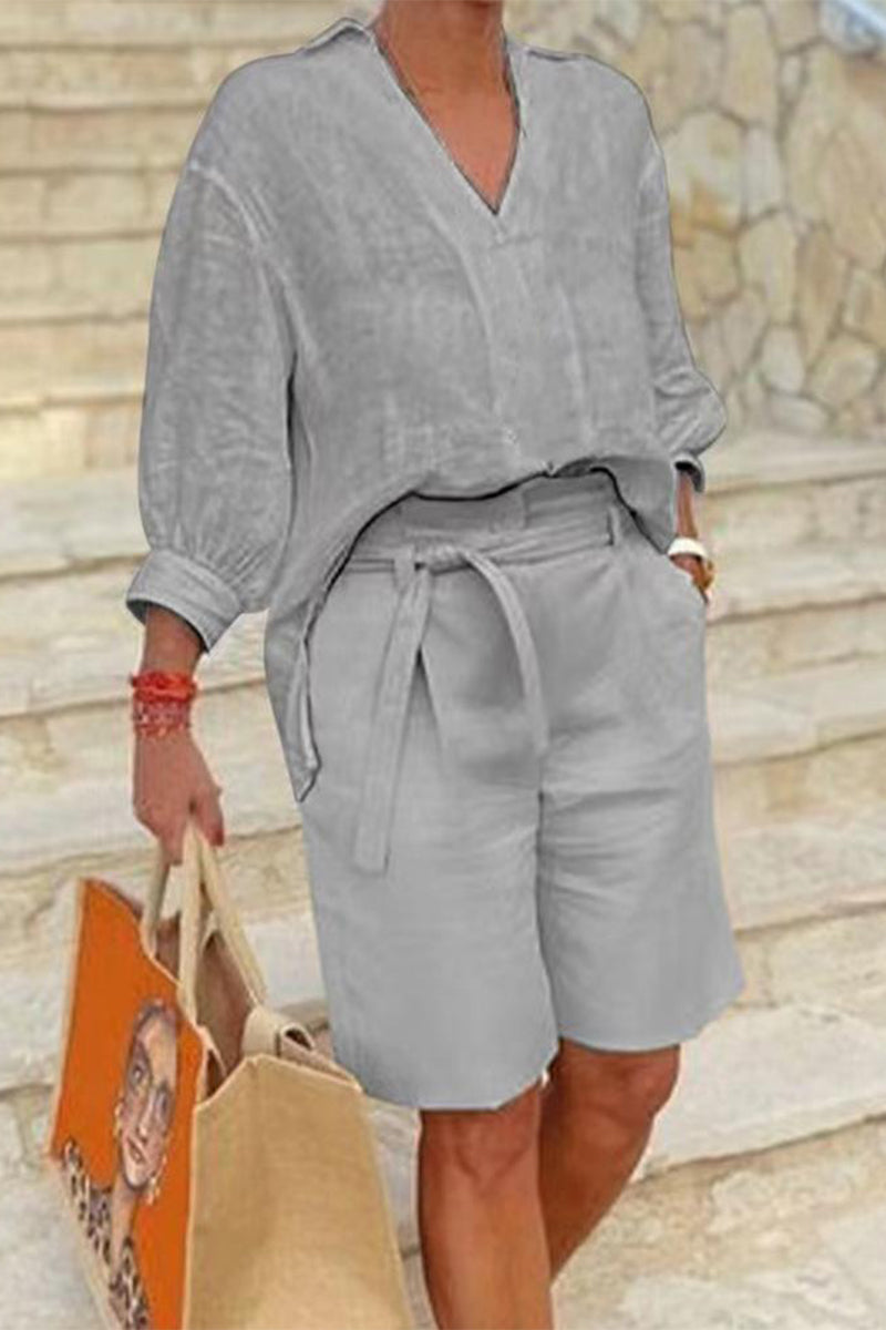 Kaynafashions - Casual Simplicity Solid Pocket V Neck Long Sleeve Two Pieces(4 Colors)