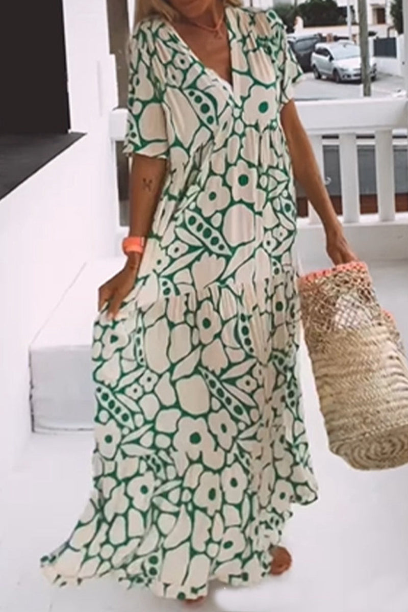 Kaynafashions - Elegant Geometric Printing V Neck A Line Dresses