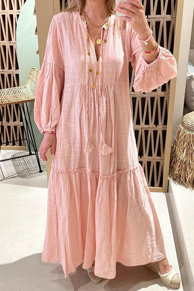 Kaynafashions - Casual Solid Frenulum V Neck A Line Dresses