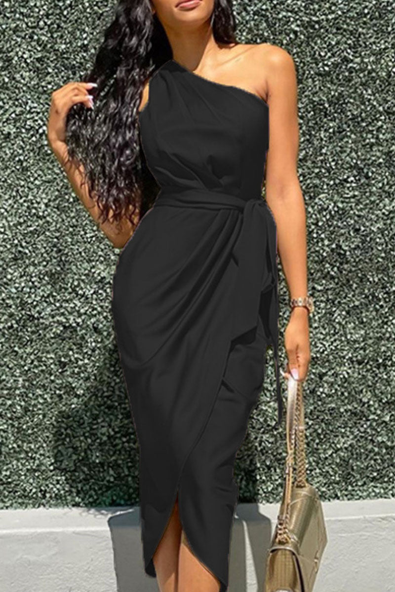 Kaynafashions - Fashion Celebrities Solid Asymmetrical One Shoulder Pencil Skirt Dresses(7 Colors)