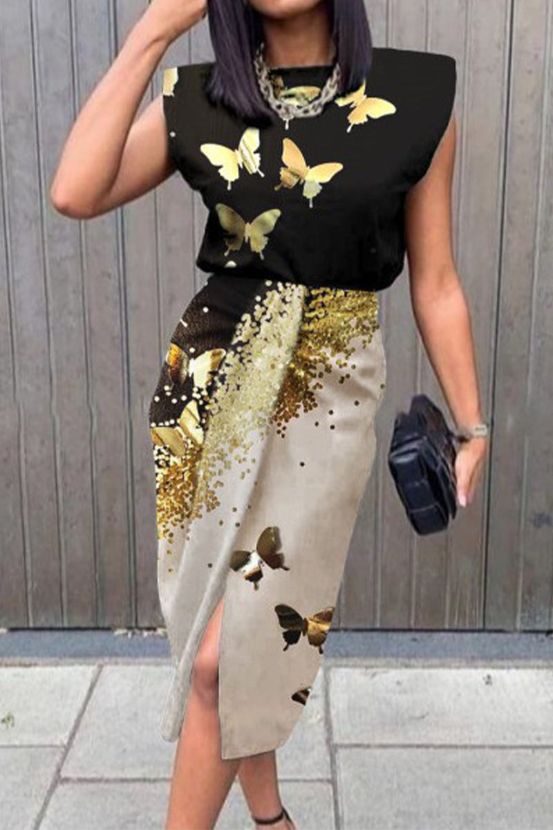 Kaynafashions - Elegant Print Printing O Neck A Line Dresses(5 Colors)