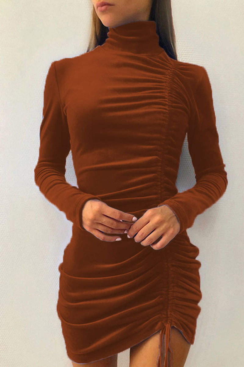 Kaynafashions - Sexy Elegant Solid Draw String Half A Turtleneck Wrapped Skirt Dresses(8 colors)