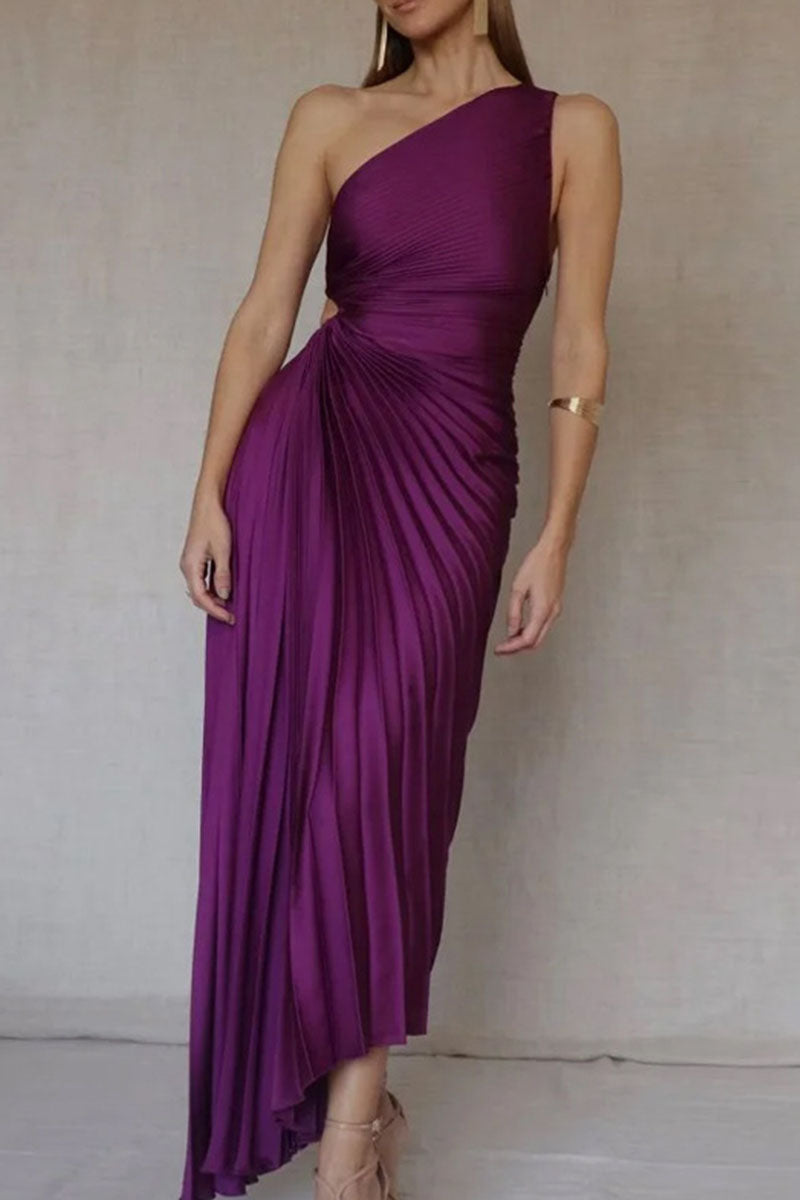 Kaynafashions - Elegant Solid Patchwork Fold Asymmetrical Oblique Collar Evening Dress Dresses