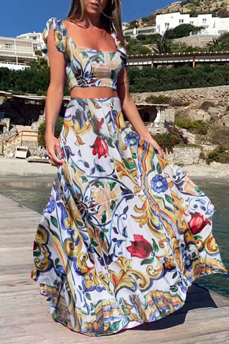 Kaynafashions - Bohemian Vacation Print Patchwork Square Collar Sleeveless Two Pieces(9 Colors)