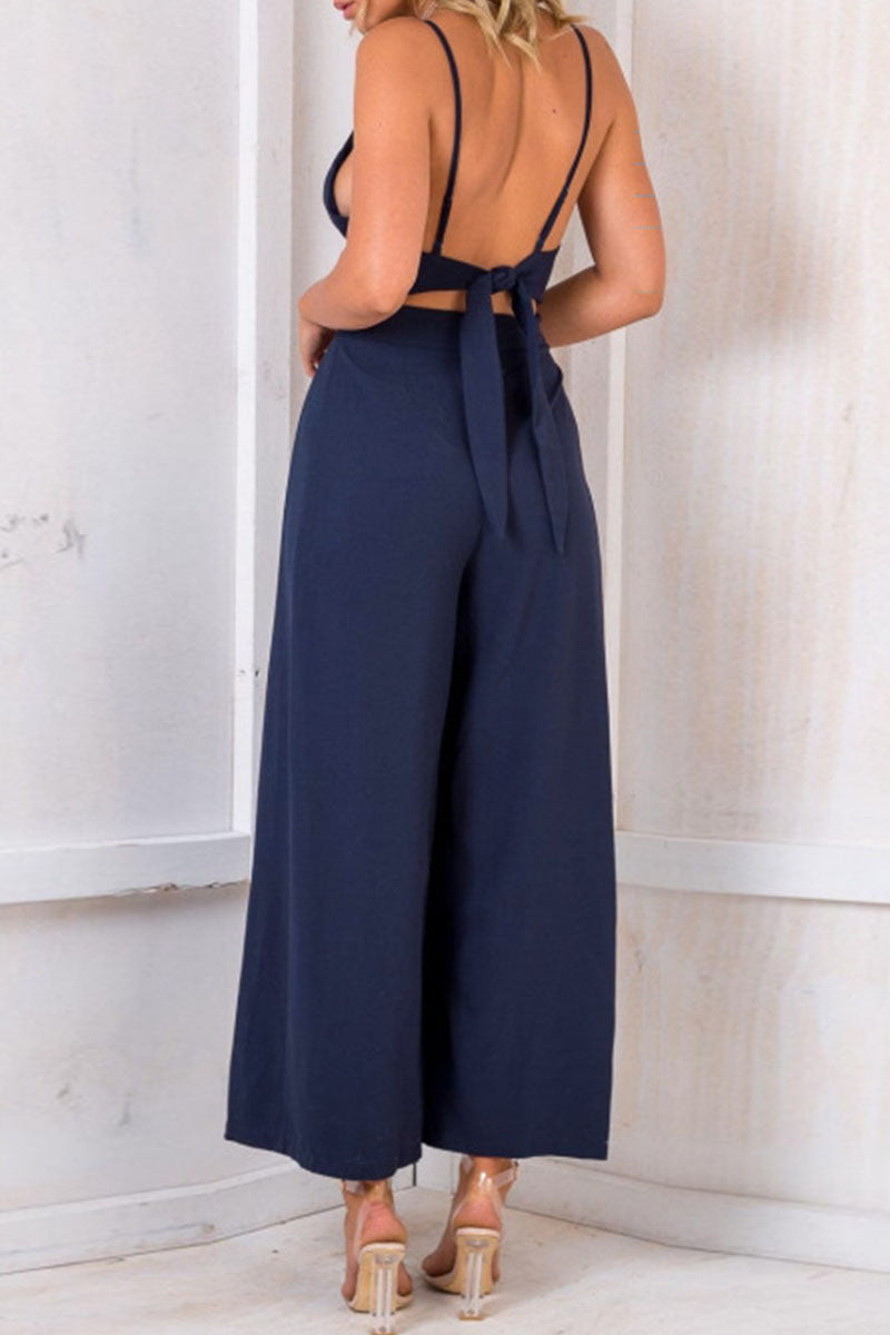 Kaynafashions - Fashion Solid Backless V Neck Loose Jumpsuits(3 Colors)