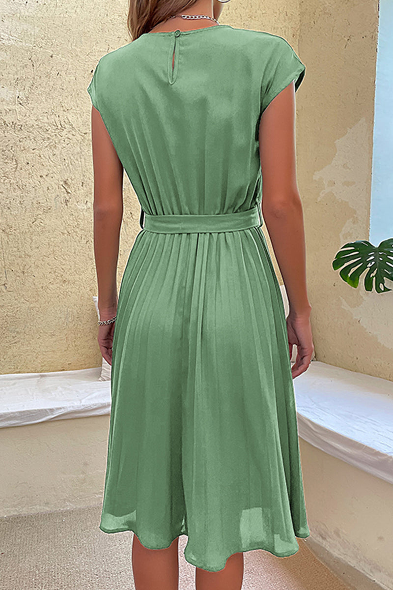 Kaynafashions - Elegant Solid Frenulum Fold O Neck Pleated Dresses