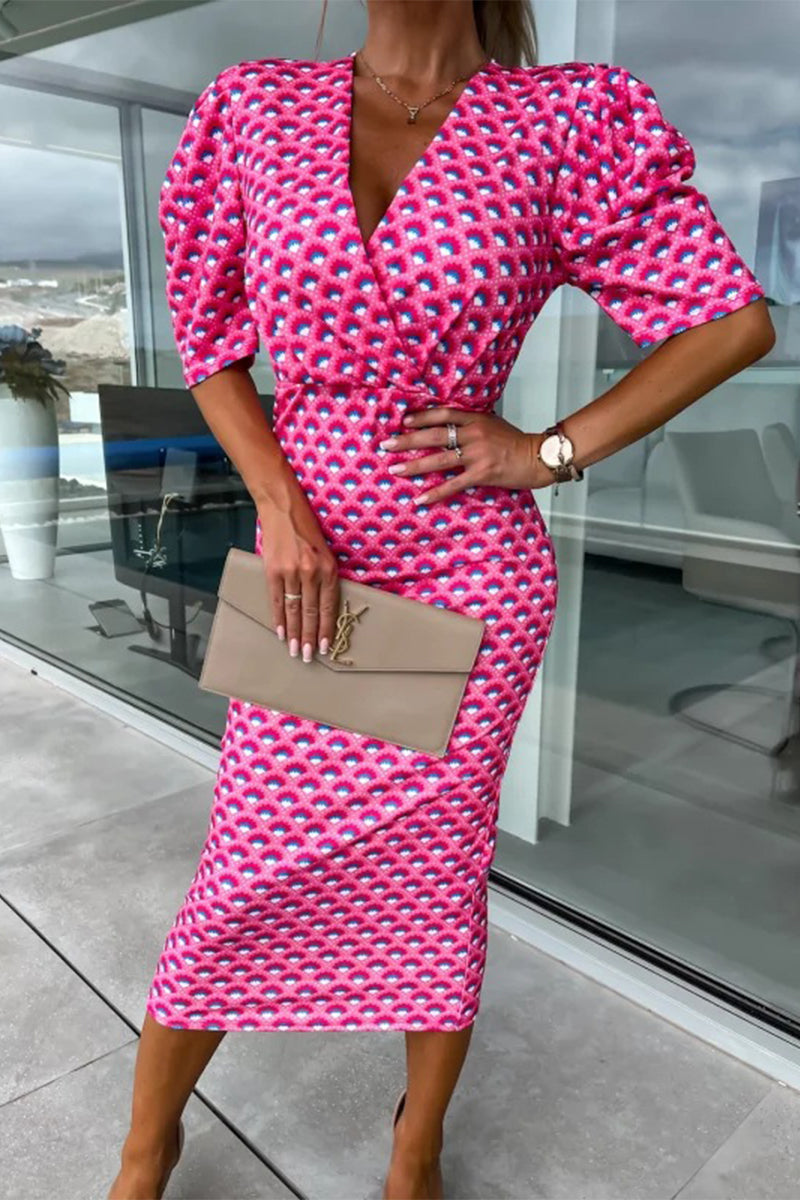 Kaynafashions - Work Elegant Print Patchwork V Neck One Step Skirt Dresses(3 Colors)