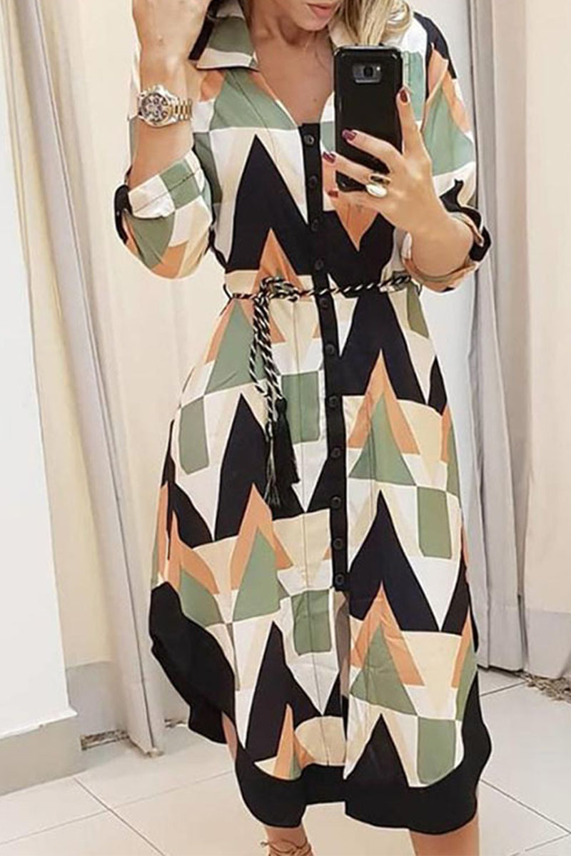 Kaynafashions - Elegant Print Printing Turndown Collar A Line Dresses