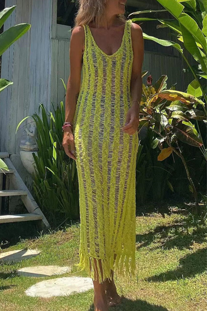 Kaynafashions - Sexy Solid Tassel Hollowed Out V Neck Sling Dress Dresses