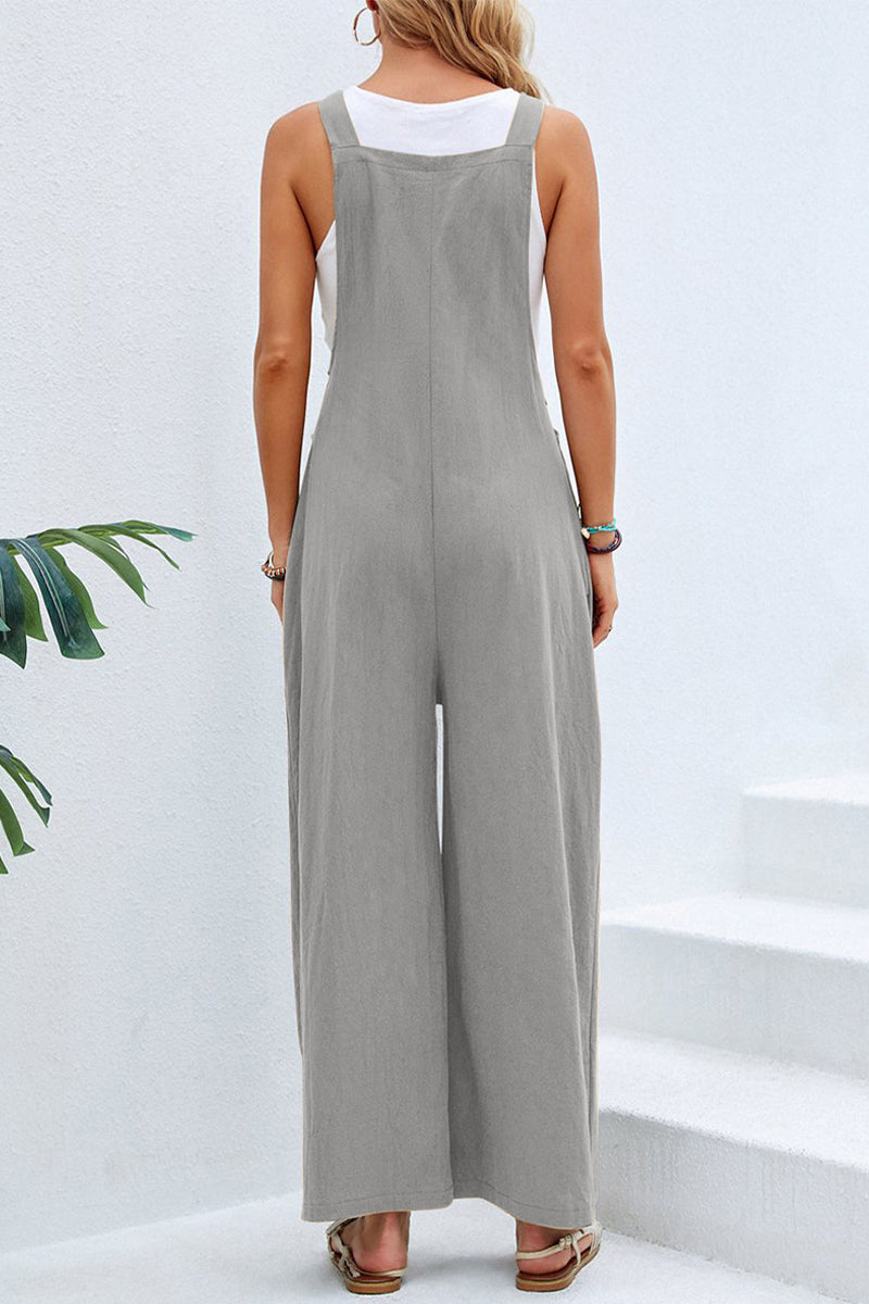 Kaynafashions - Casual Vacation Solid Buttons Square Collar Loose Jumpsuits(10 Colors)