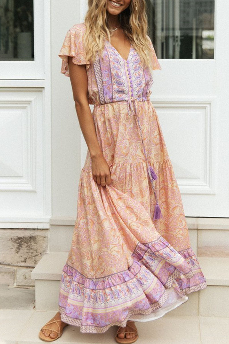 Kaynafashions - Fashion Vacation Print Patchwork V Neck Printed Dresses