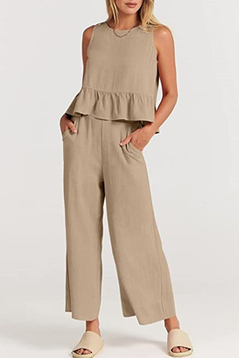 Kaynafashions - Casual Simplicity Solid Pocket Buttons O Neck Sleeveless Two Pieces