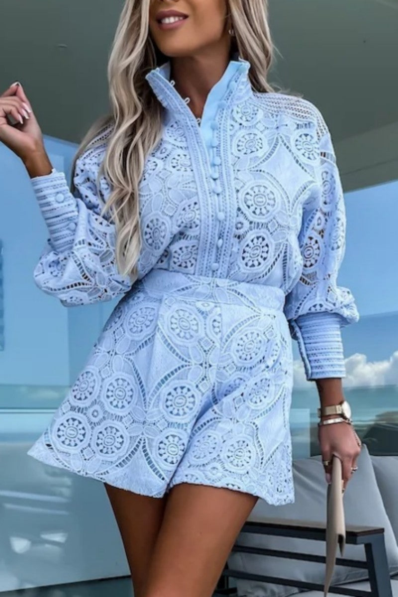 Kaynafashions - Casual Solid Buckle Mandarin Collar Long Sleeve Two Pieces