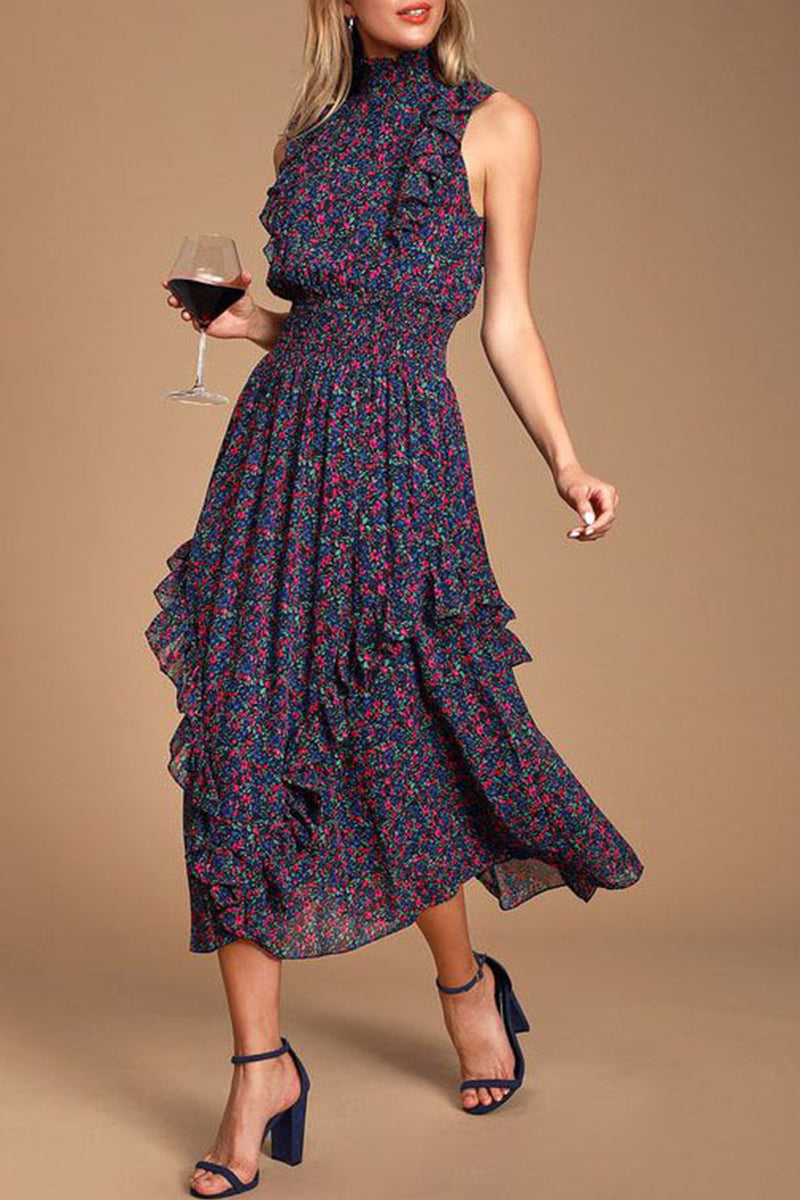 Kaynafashions - Elegant College Floral Patchwork Turtleneck Waist Skirt Dresses