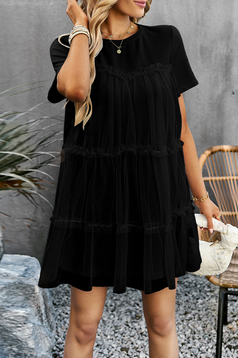 Kaynafashions - Sweet Elegant Solid Mesh O Neck Short Sleeve Dress