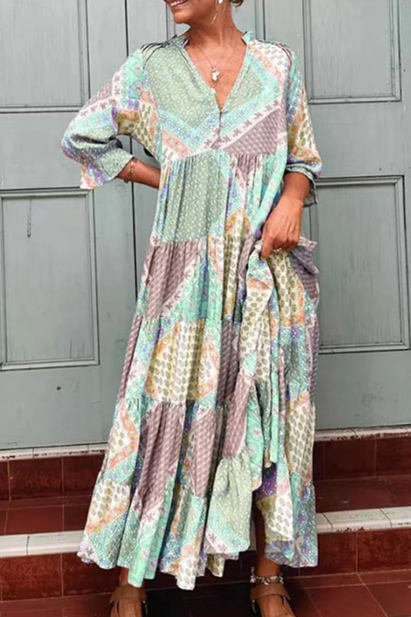 Kaynafashions - Elegant Geometric Printing V Neck A Line Dresses