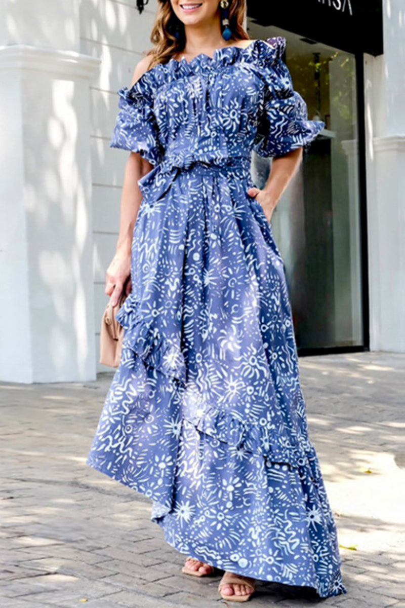 Kaynafashions - Elegant Print Pocket Off the Shoulder Irregular Dress Dresses