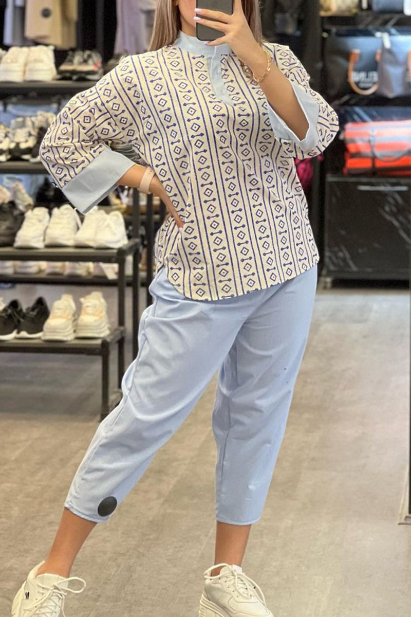 Kaynafashions - Casual Geometric Printing Half A Turtleneck Long Sleeve Two Pieces