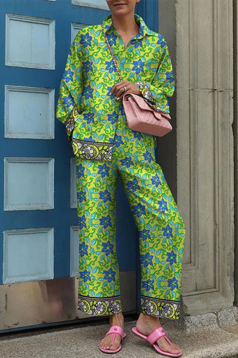 Kaynafashions - Casual Street Print Patchwork Turndown Collar Long Sleeve Two Pieces