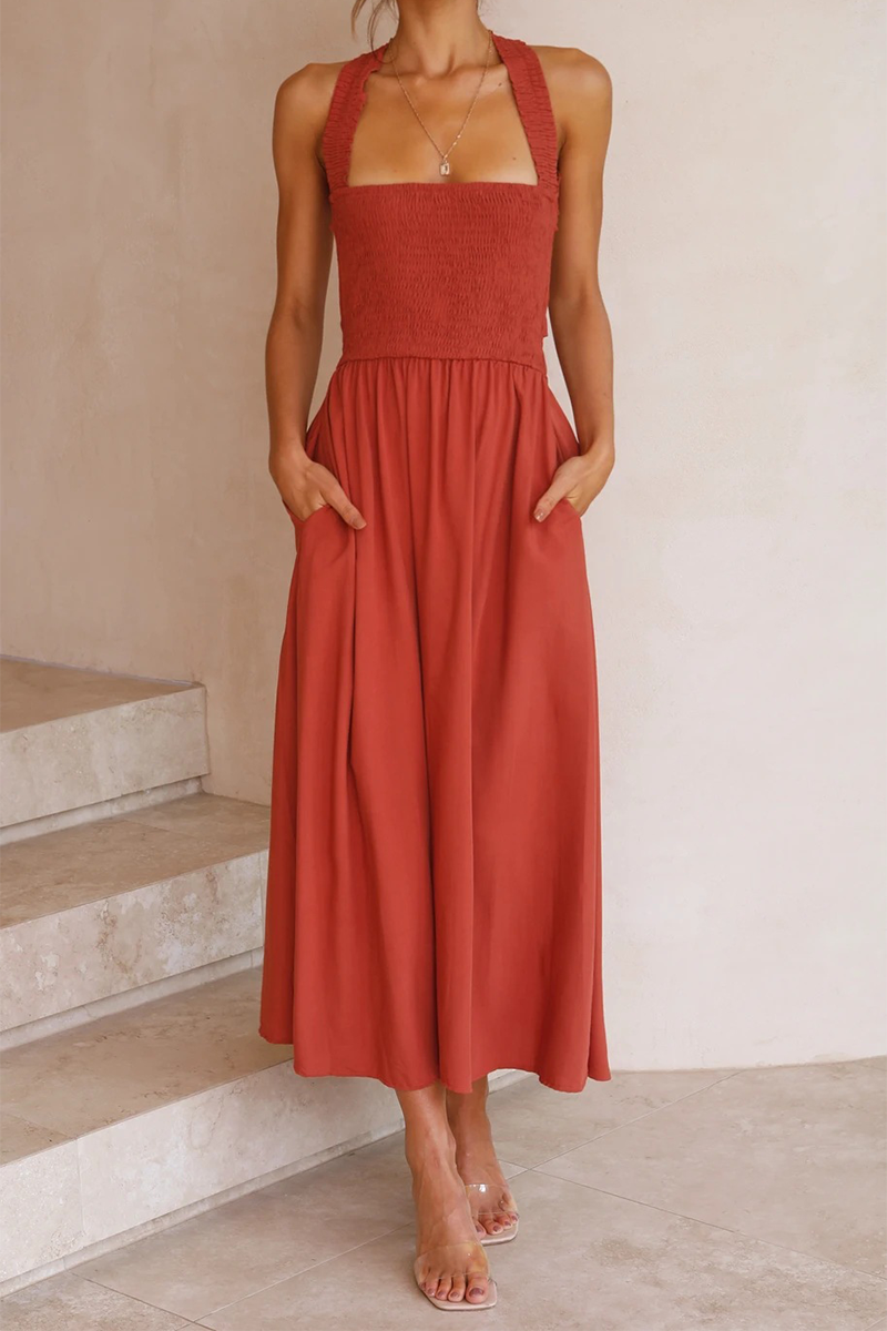 Kaynafashions - Casual Solid Patchwork Halter Waist Skirt Dresses(3 Colors)
