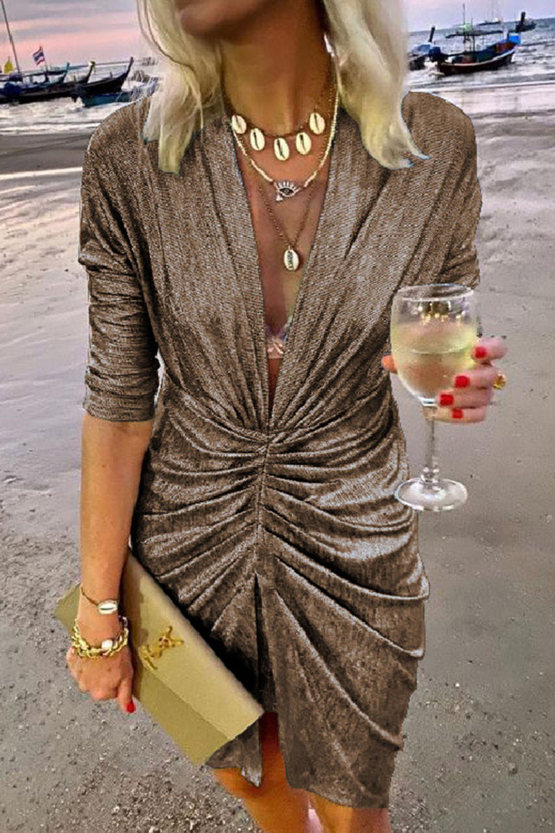 Kaynafashions - Celebrities Elegant Solid Fold V Neck A Line Dresses(4 Colors)