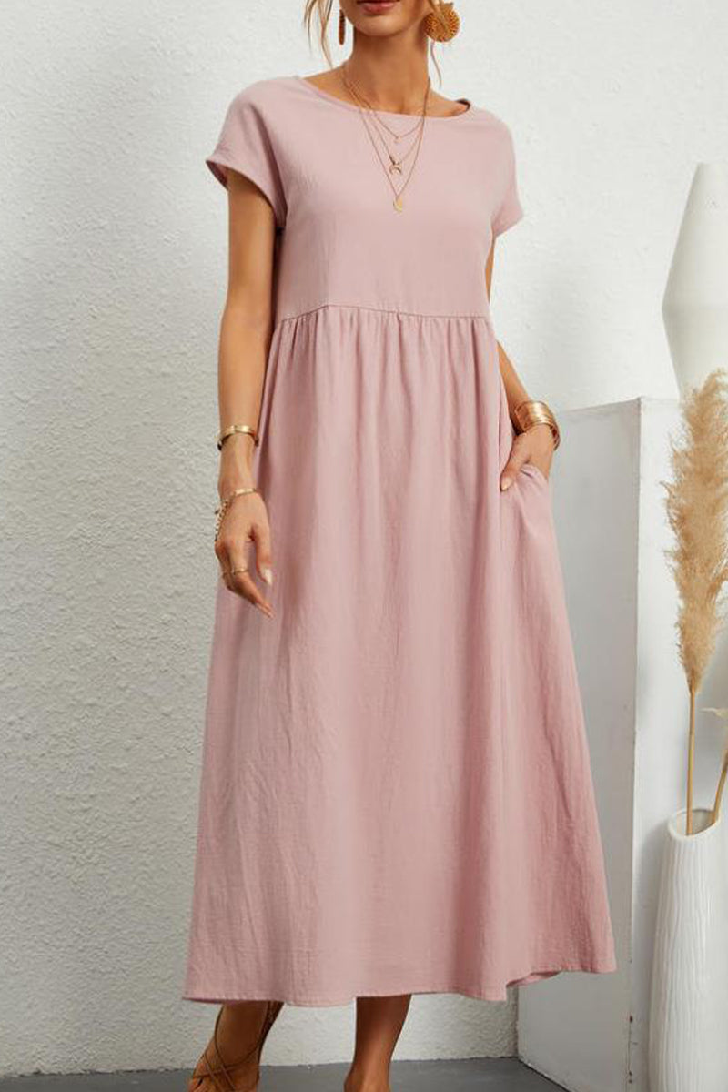 Kaynafashions - Casual Daily Solid Pocket O Neck Short Sleeve Dress(11 Colors)