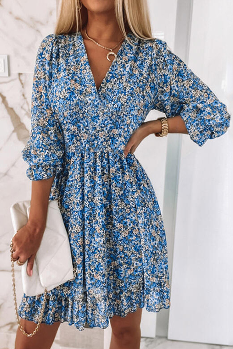 Kaynafashions - Casual Print Patchwork V Neck Waist Skirt Dresses(6 colors)