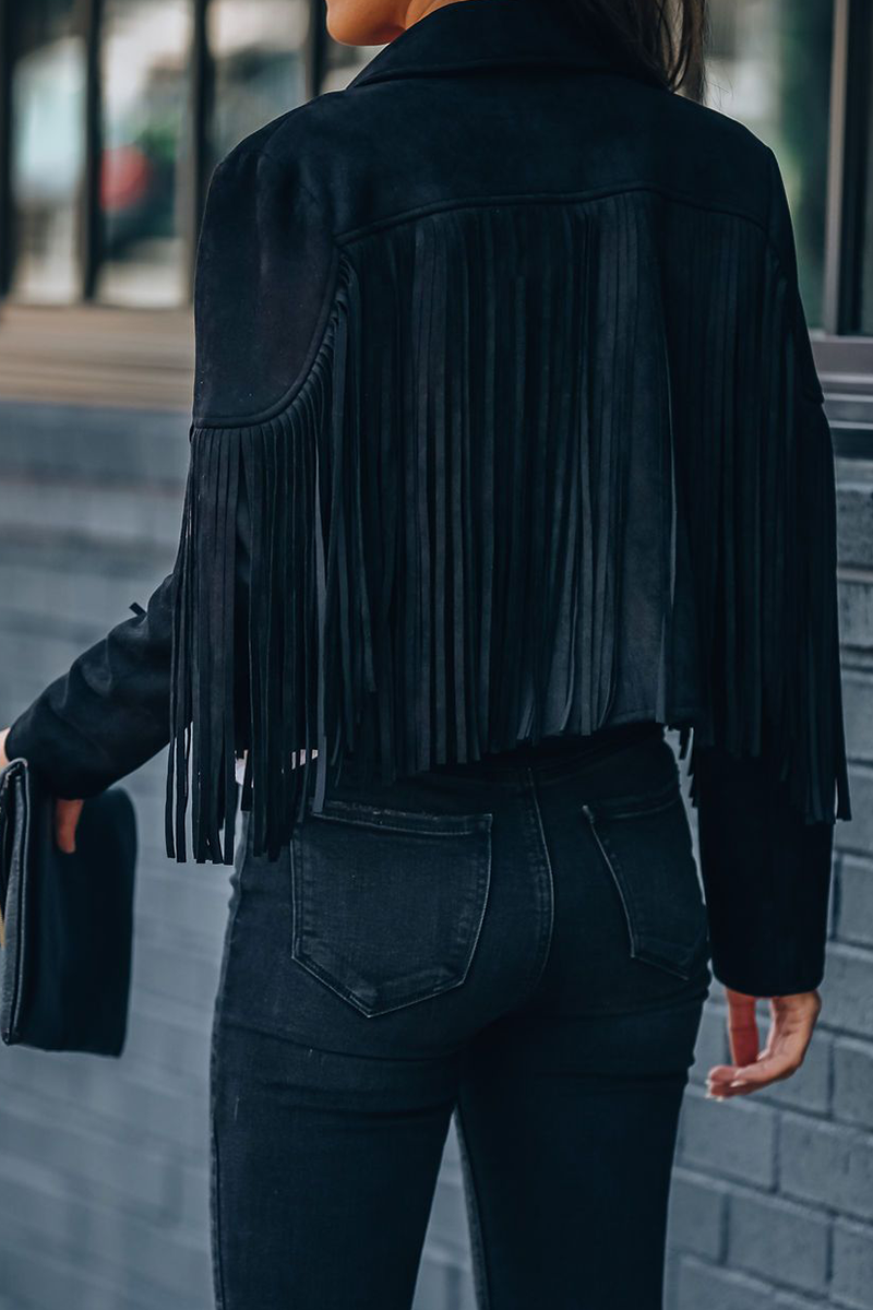 Kaynafashions - Fashion Street Solid Tassel Patchwork Turndown Collar Outerwear