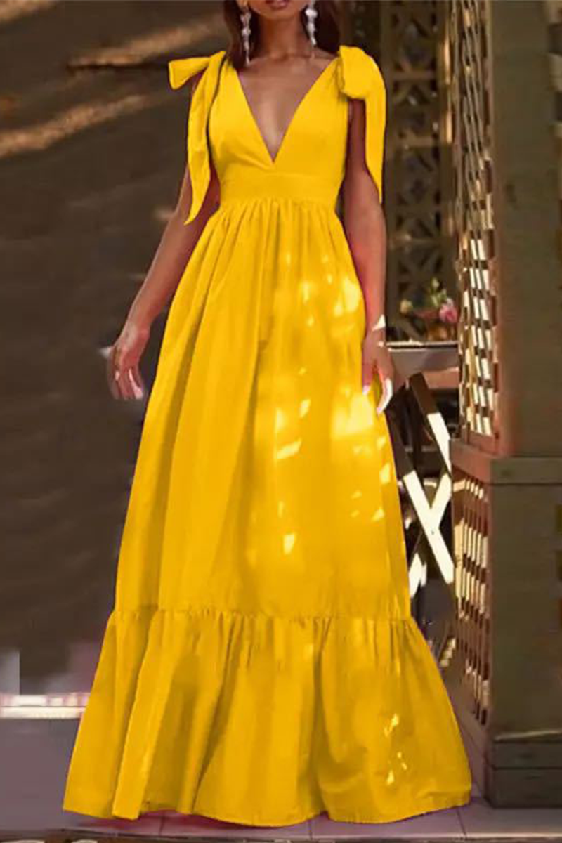 Kaynafashions - Casual Solid Bandage V Neck Cake Skirt Dresses(3 colors)