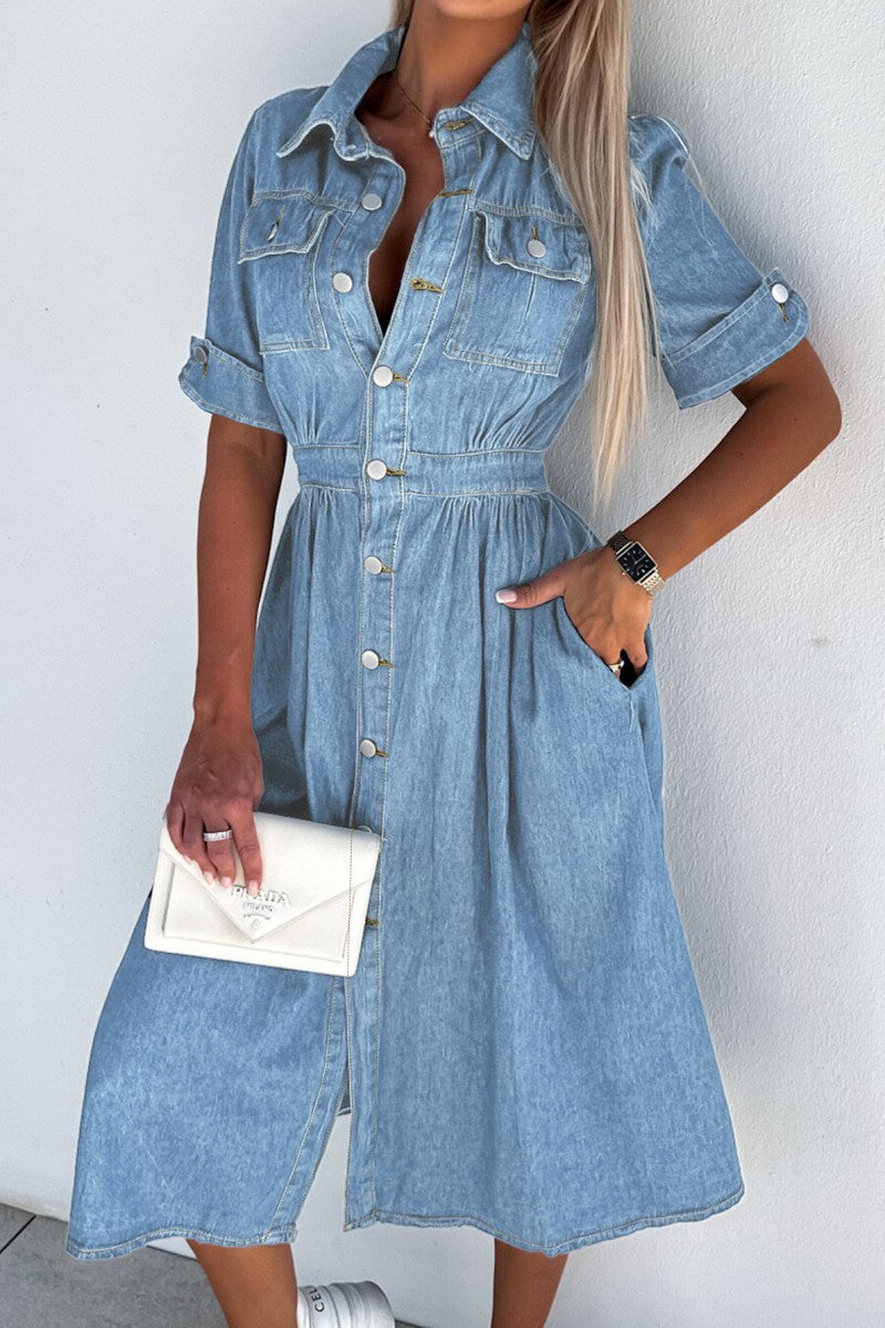 Kaynafashions - Casual Solid Patchwork Turndown Collar Short Sleeve High Waist Regular Denim Dresses