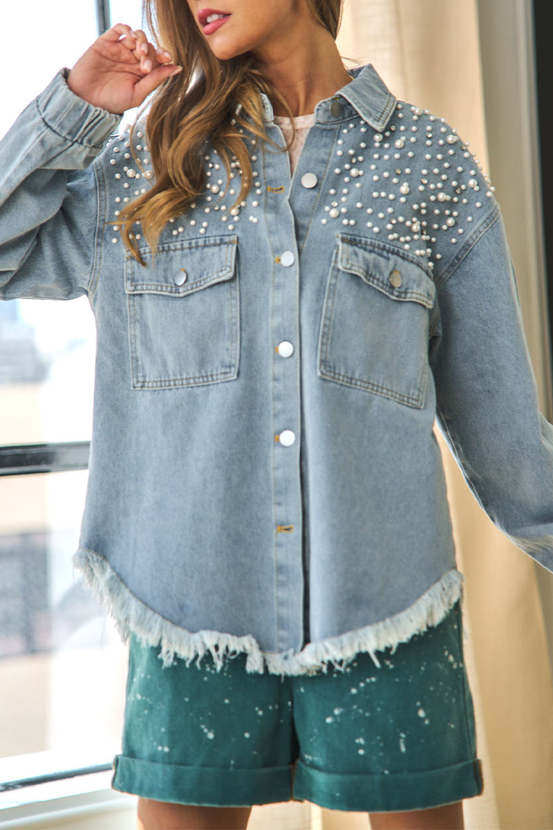 Kaynafashions - Street Patchwork Tassel Beading Turndown Collar Long Sleeve Loose Denim Jacket