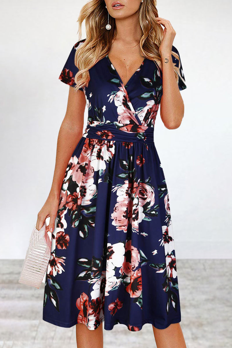 Kaynafashions - Elegant College Floral Patchwork V Neck A Line Dresses
