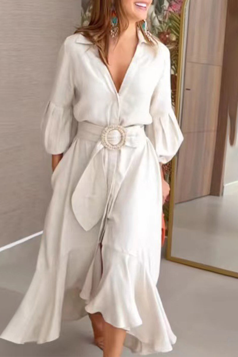 Kaynafashions - Street Solid With Belt V Neck A Line Dresses