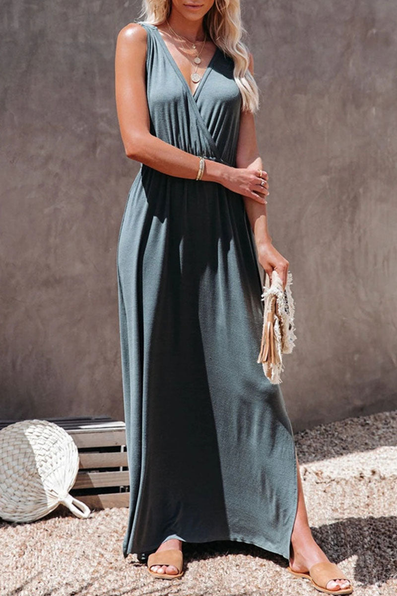 Kaynafashions - Fashion Casual Solid Patchwork V Neck Waist Skirt Dresses