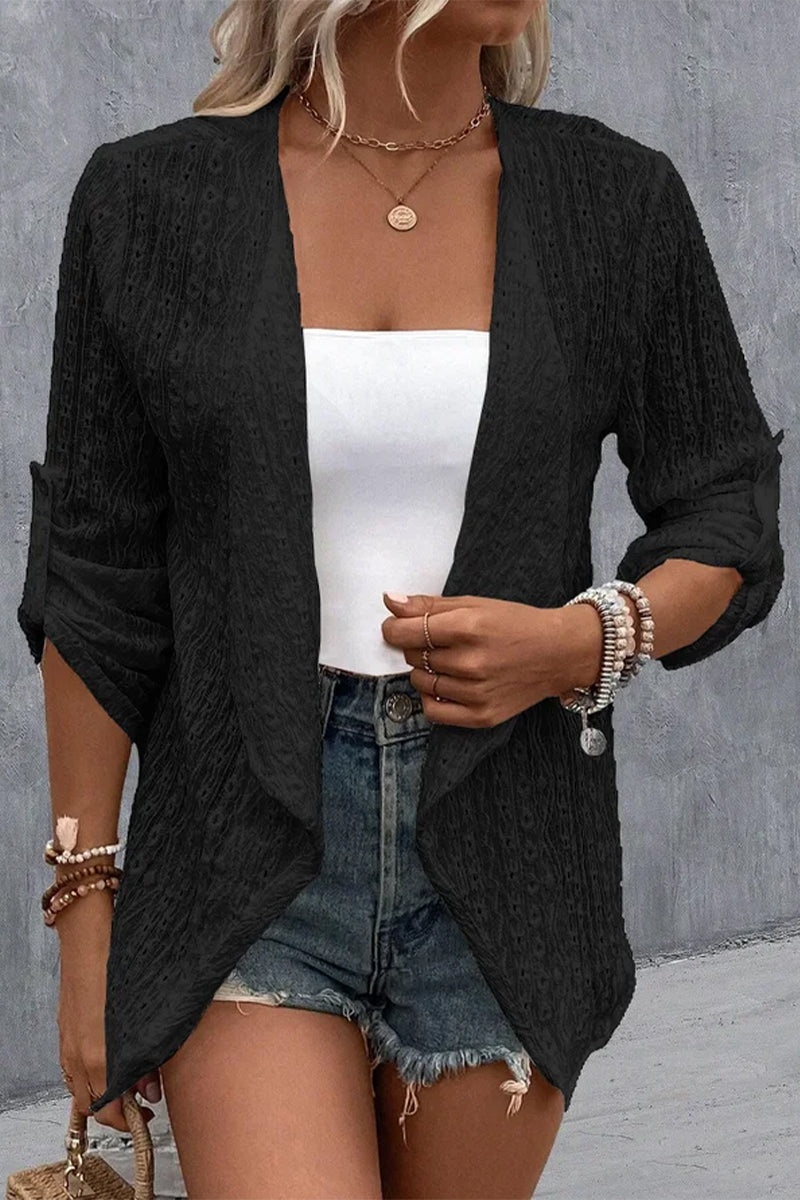 Kaynafashions - Simplicity Solid Hollowed Out Cardigan Collar Outerwear